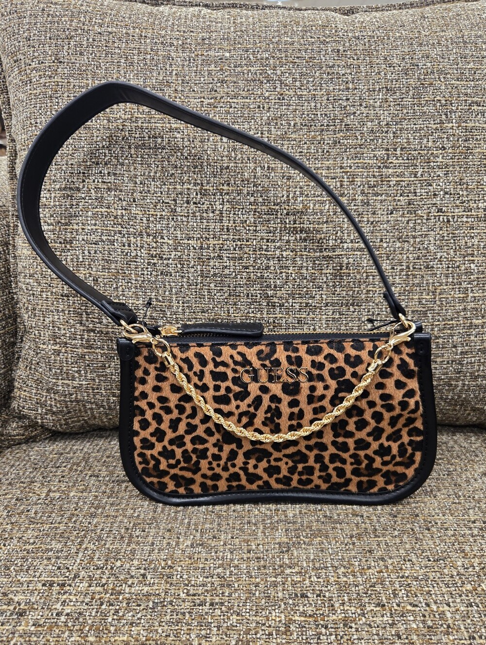 Guess Leopard Print Shoulder Bag with Black Trim and Gold Chain